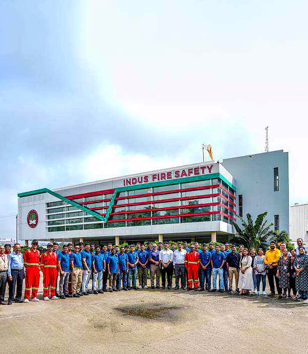 The Indus Fire Safety head office in Vadodara with the full team outside